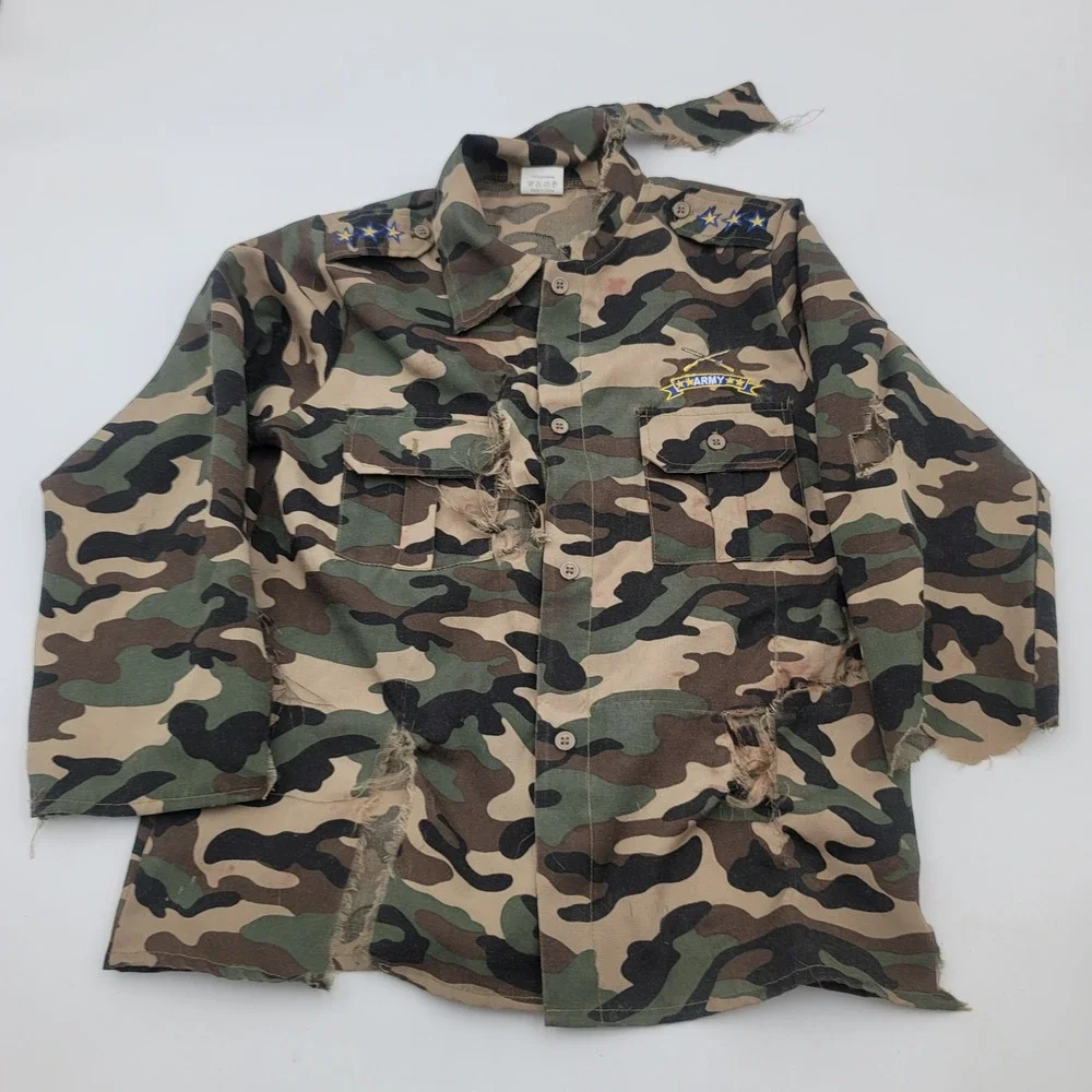 Kids Camo Zombie Army Costume Shirt Tattered Distressed Halloween Top Woodland